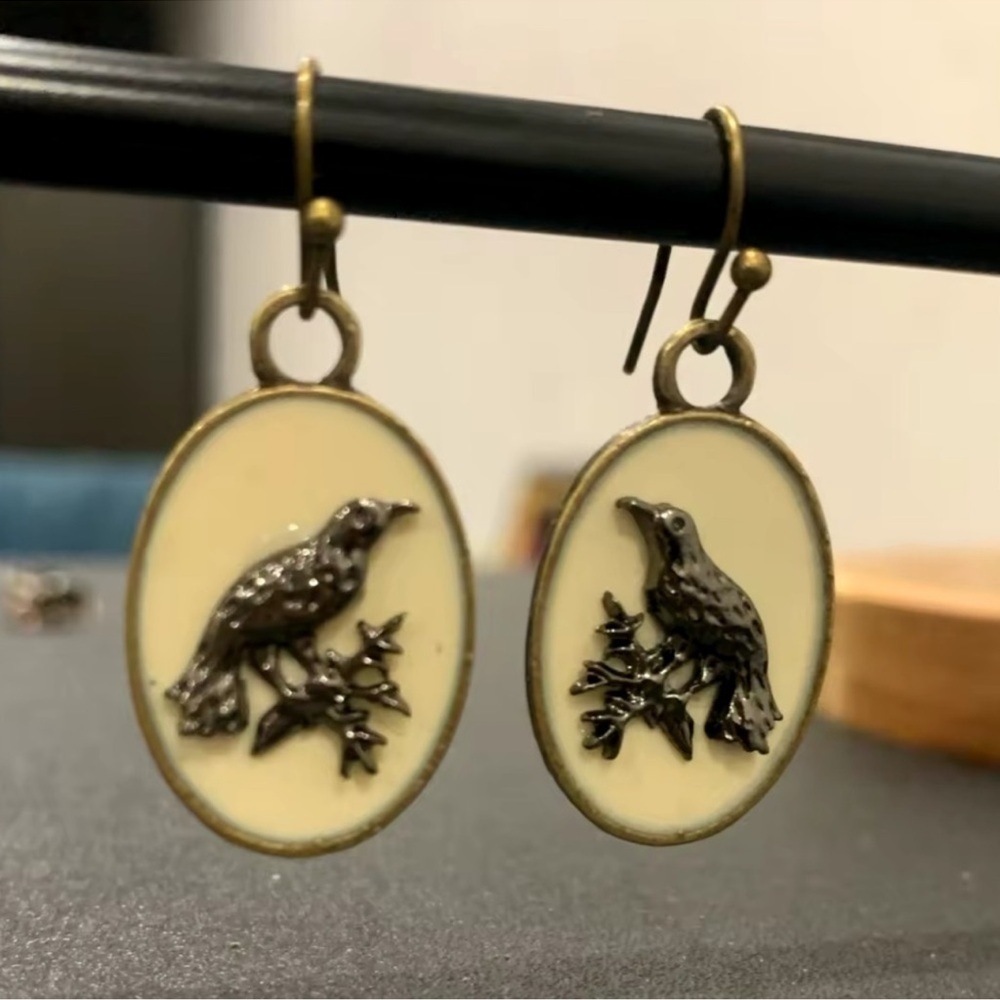 Gothic Vintage Black Raven Brass Earrings